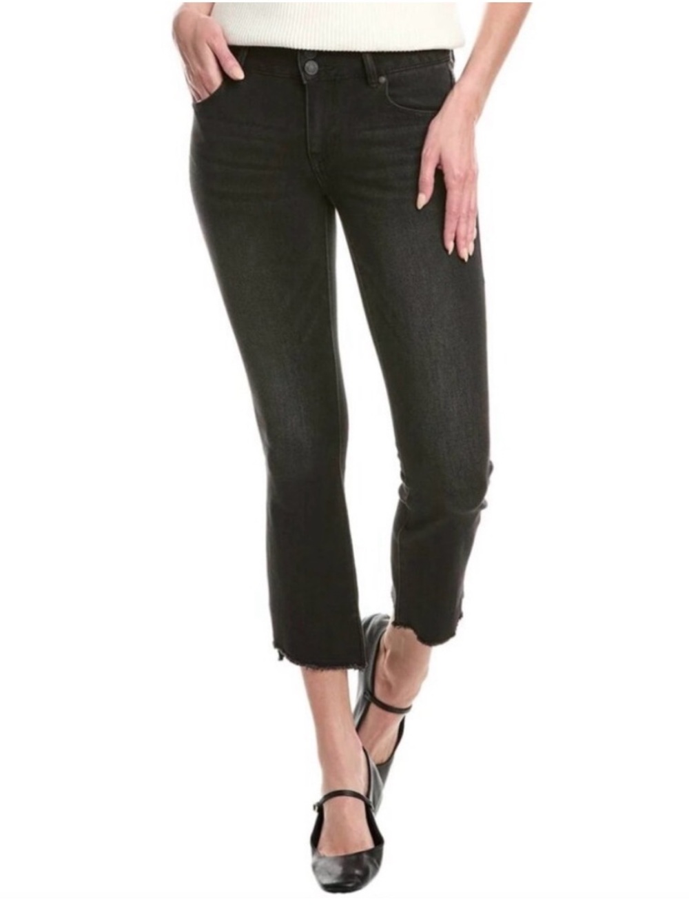 NEW CAbi 4519 Hi-Low Crop Jeans Washed Black Raw Hem Size 18